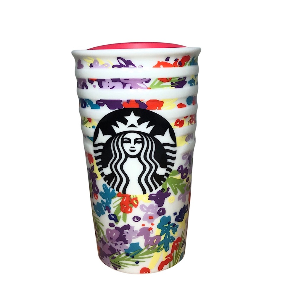 Starbucks 2016 Floral Stacked Cup Travel Ceramic Double Wall Coffee Tumbler 10oz